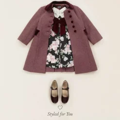Girls Burgundy Red Wool & Velvet Coat