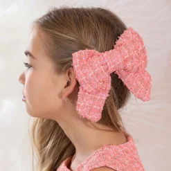 Girls Coral Pink Tweed Bow Hair Clip (14cm)