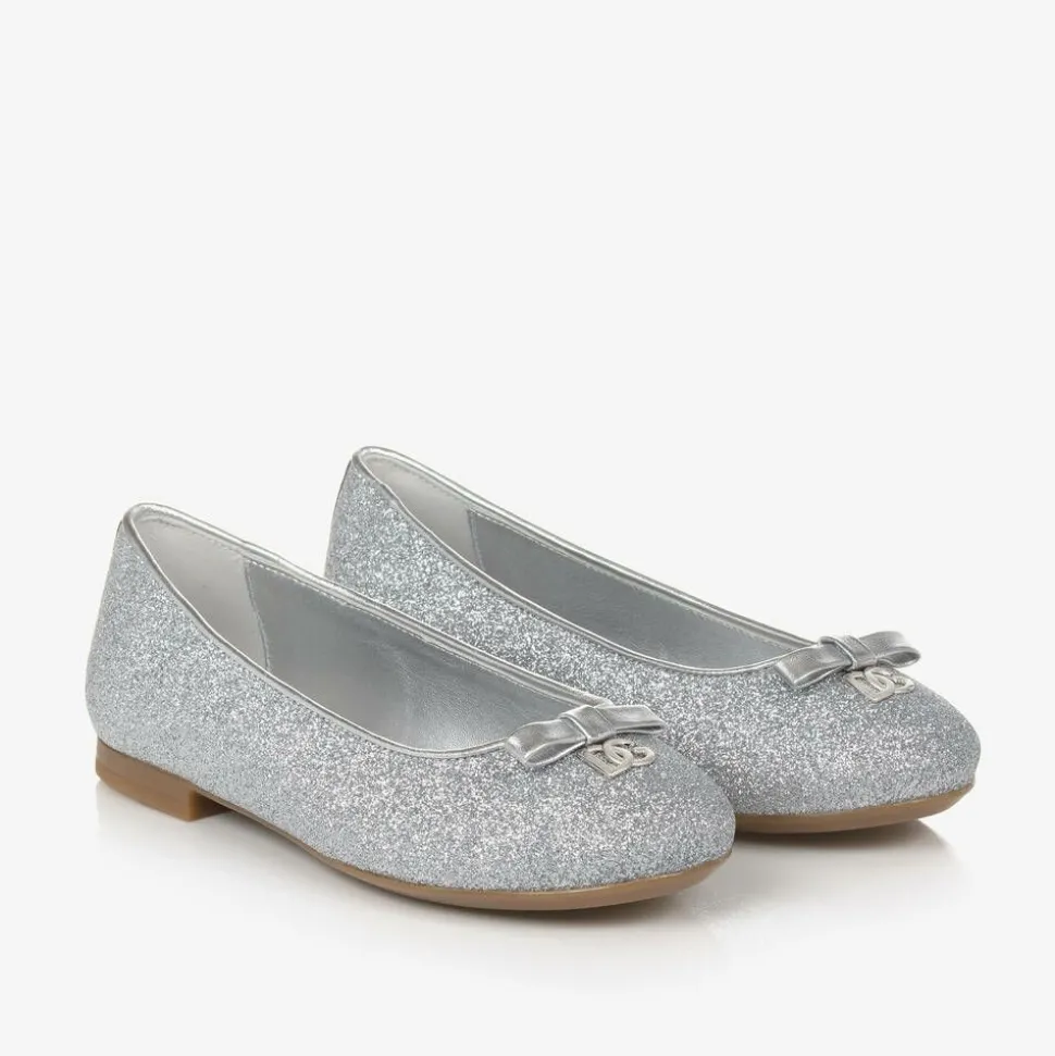 Girls Glittery Silver Leather DG Pumps