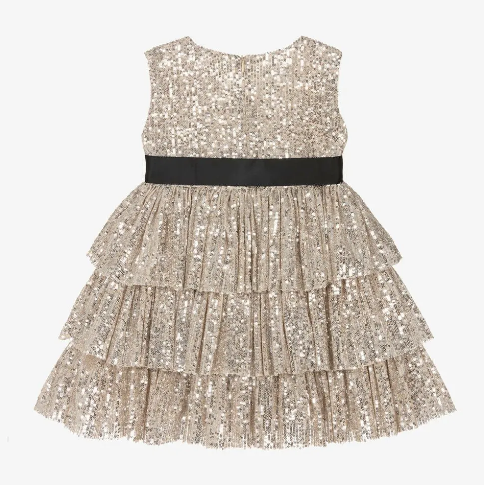 Girls Gold & Silver Sequin Tiered Dress