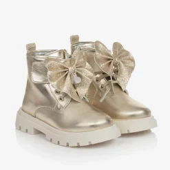Girls Gold Leather Bow Ankle Boots