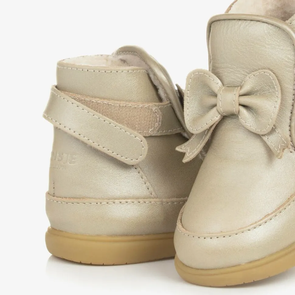 Girls Gold Leather Bow First Walker Boots