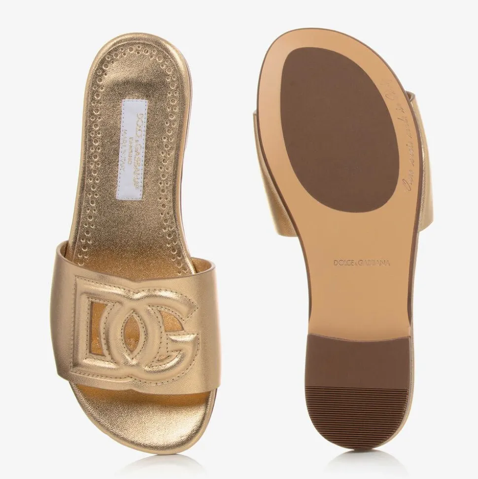 Girls Gold Leather DG Sliders