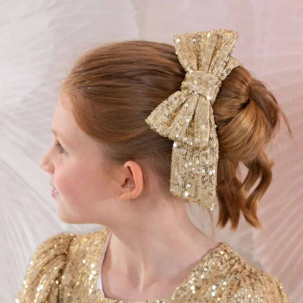 Girls Gold Sequin Tulle Bow Hair Clip (14cm)