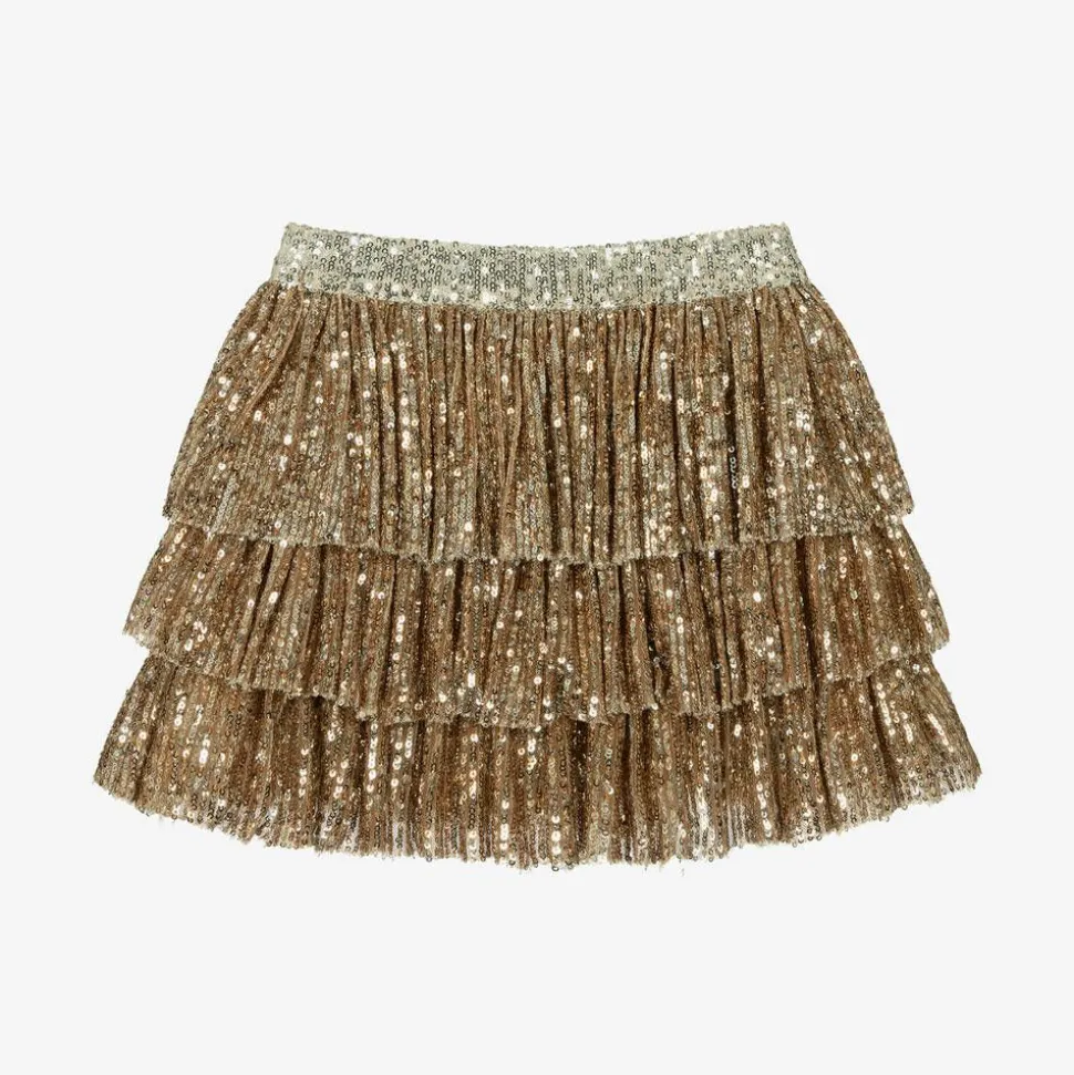 Girls Gold Sequin Tulle Ruffle Skirt