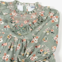 Girls Green Floral Cotton Dress