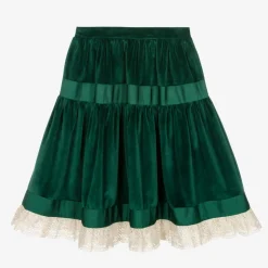 Girls Green Velvet & Lace Skirt