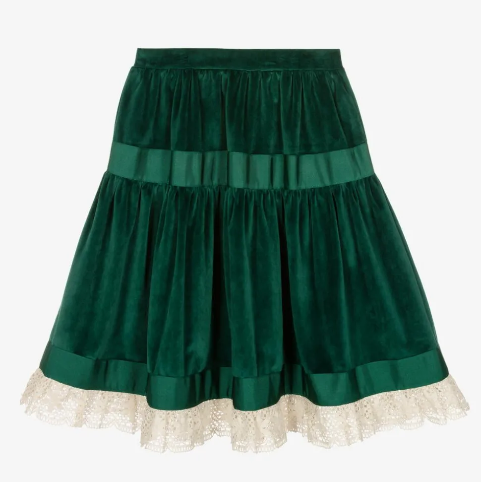Girls Green Velvet & Lace Skirt