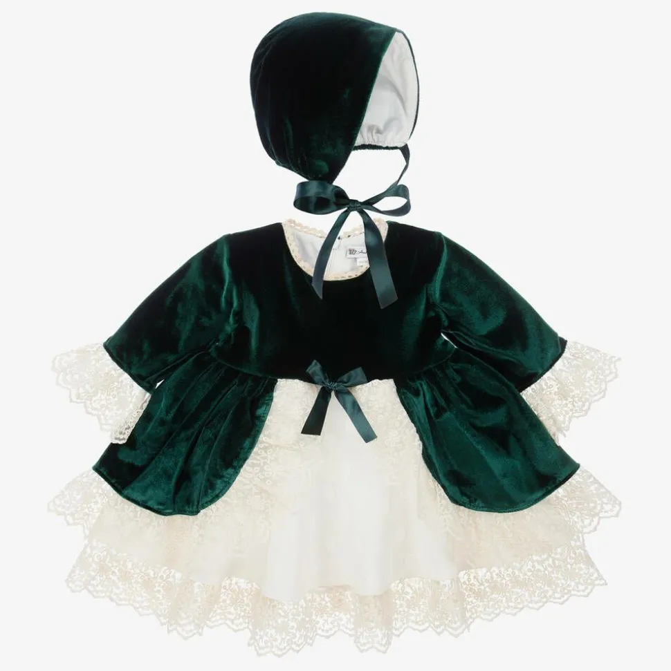 Girls Green Velvet Dress & Hat Set