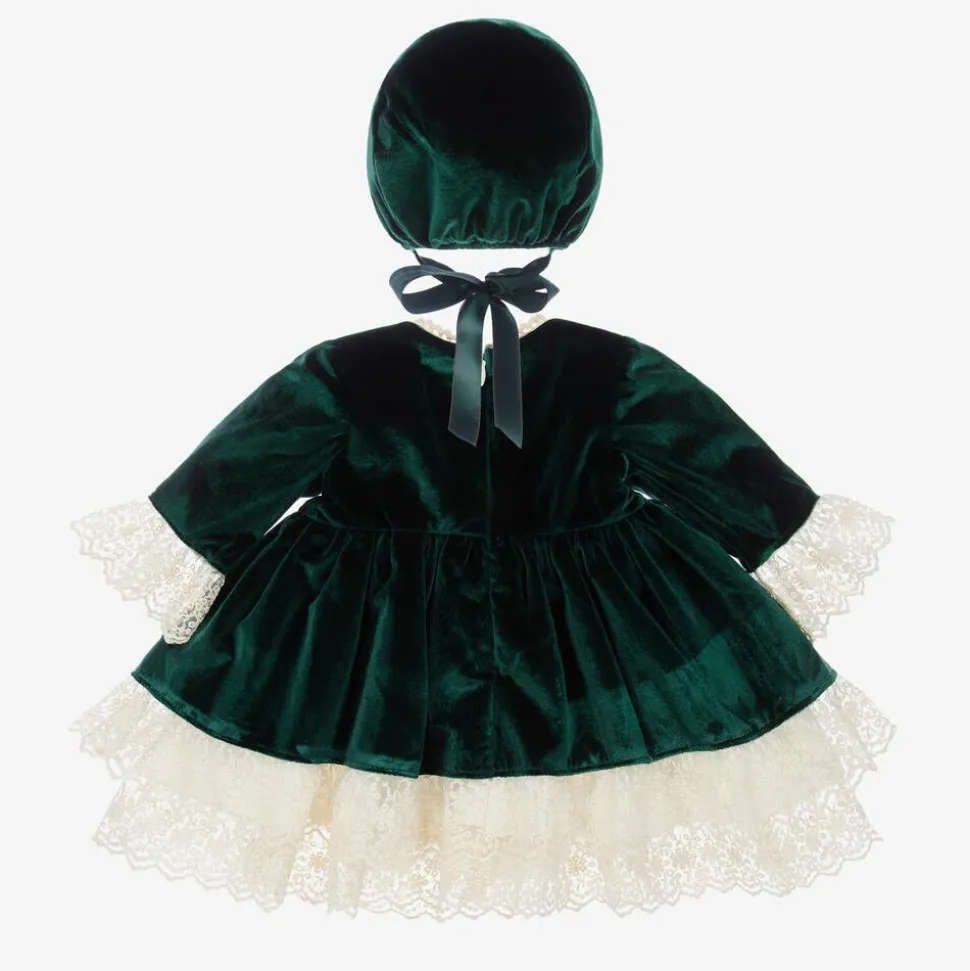Girls Green Velvet Dress & Hat Set