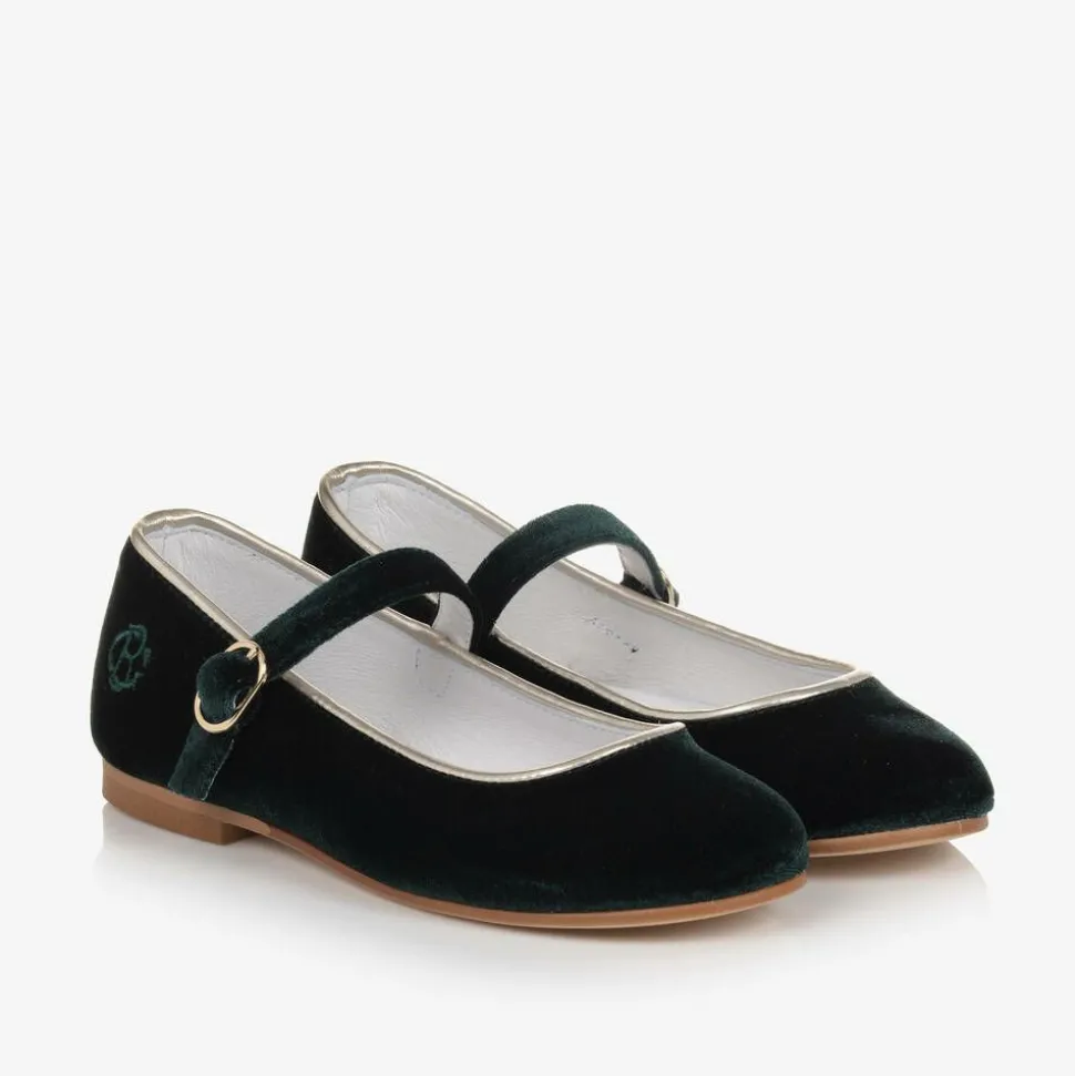 Girls Green Velvet Mary Jane Pumps