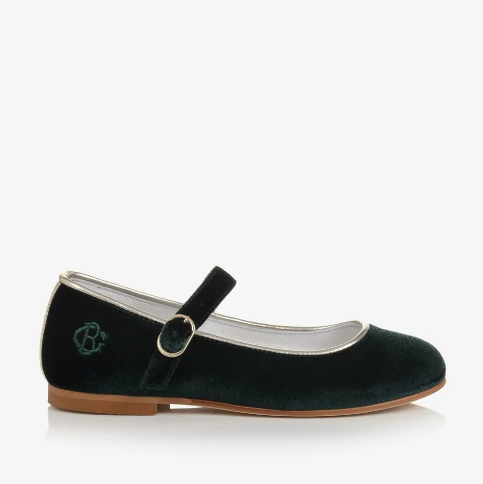 Girls Green Velvet Mary Jane Pumps