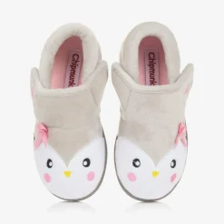 Girls Grey Fleece Penguin Slippers