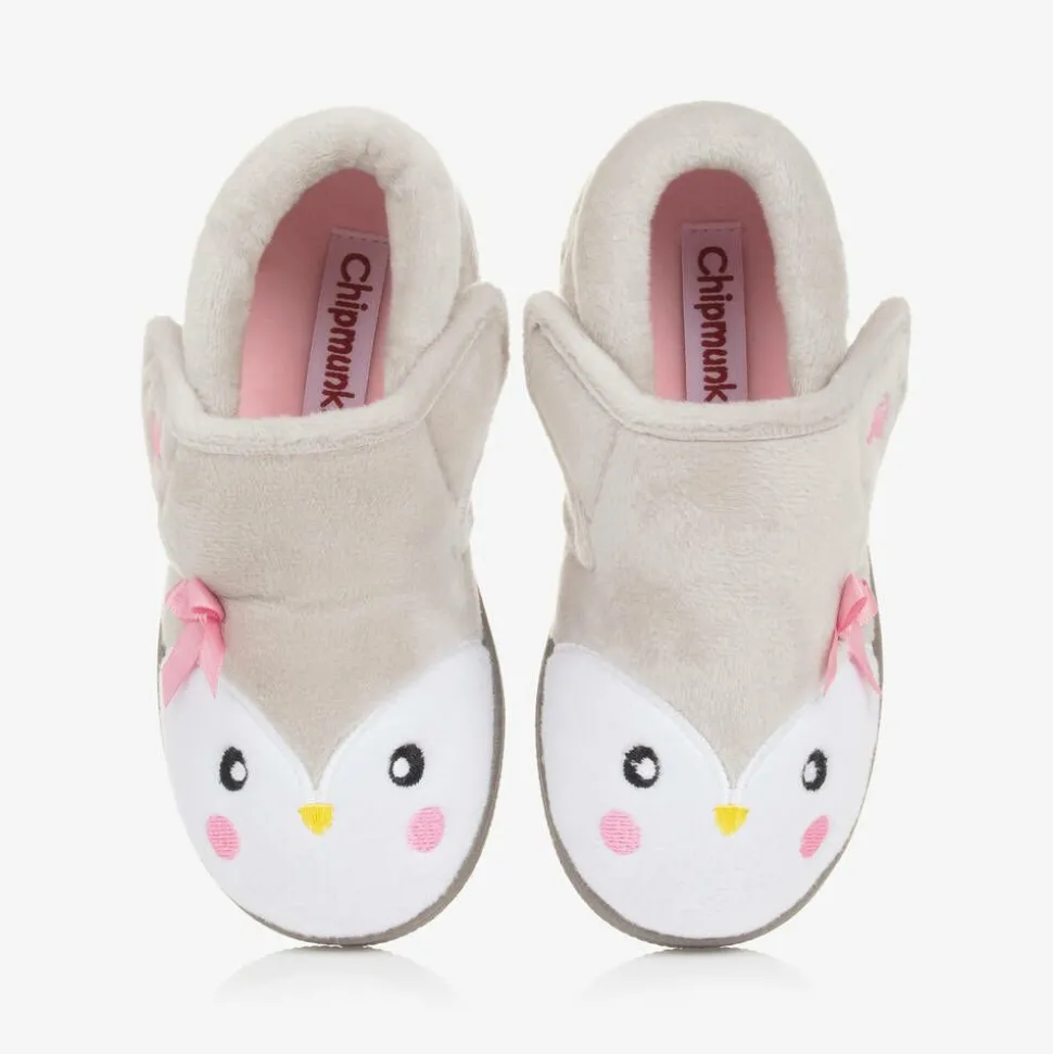 Girls Grey Fleece Penguin Slippers