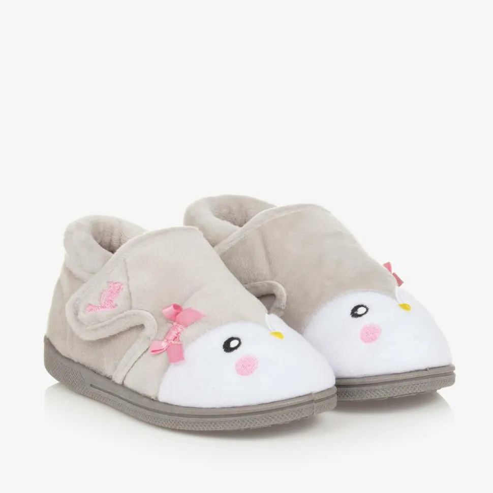 Girls Grey Fleece Penguin Slippers