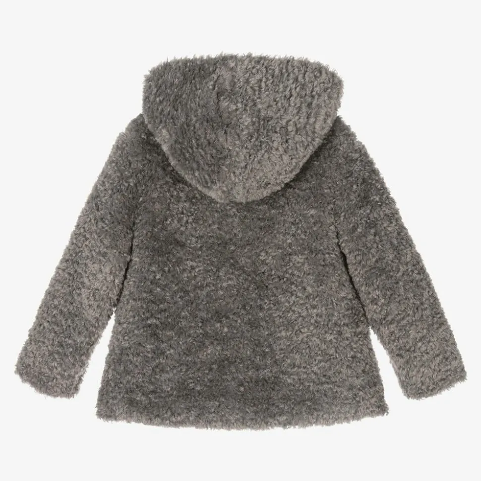Girls Grey Hooded Faux Fur Coat