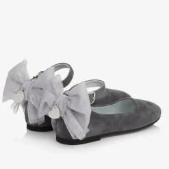 Girls Grey Suede Leather Bow Shoes