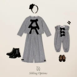 Girls Grey Viscose Knit Bow Jumpsuit