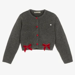 Girls Grey Wool & Red Velvet Bow Cardigan