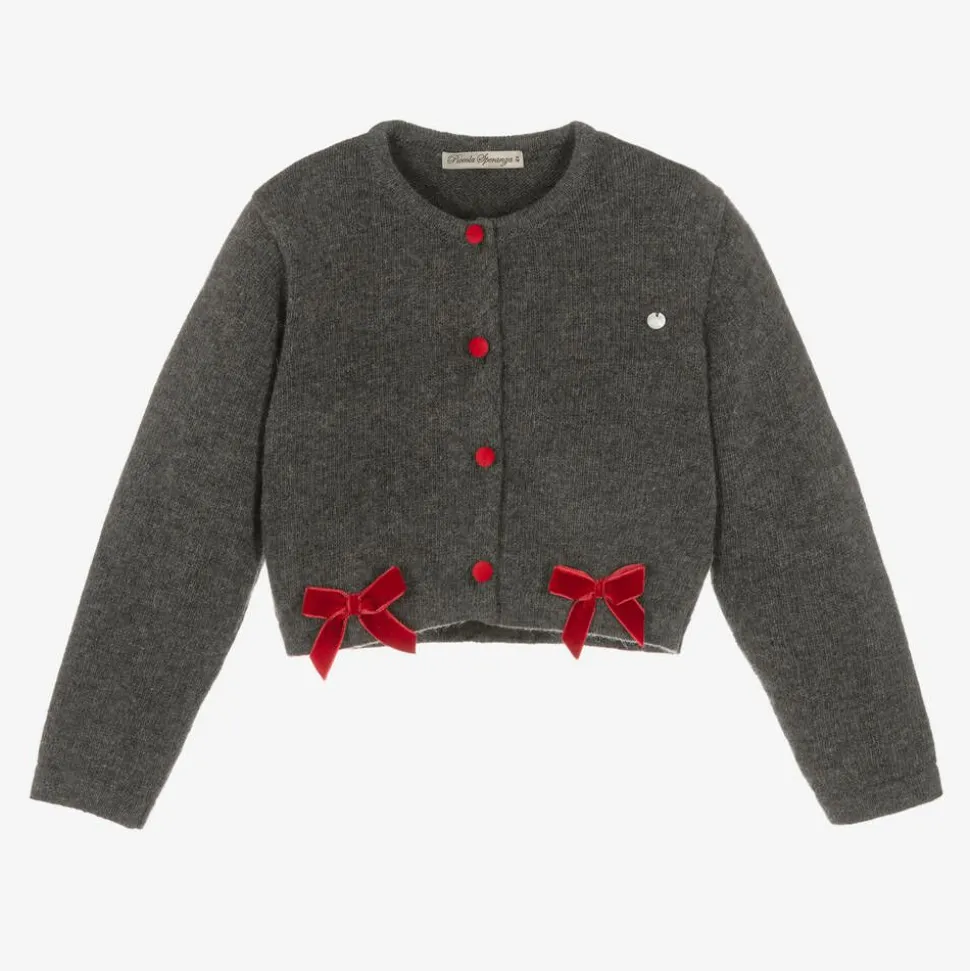 Girls Grey Wool & Red Velvet Bow Cardigan