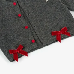 Girls Grey Wool & Red Velvet Bow Cardigan