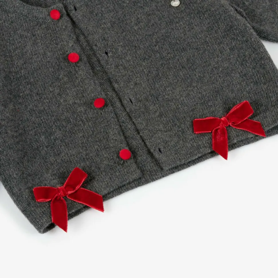 Girls Grey Wool & Red Velvet Bow Cardigan