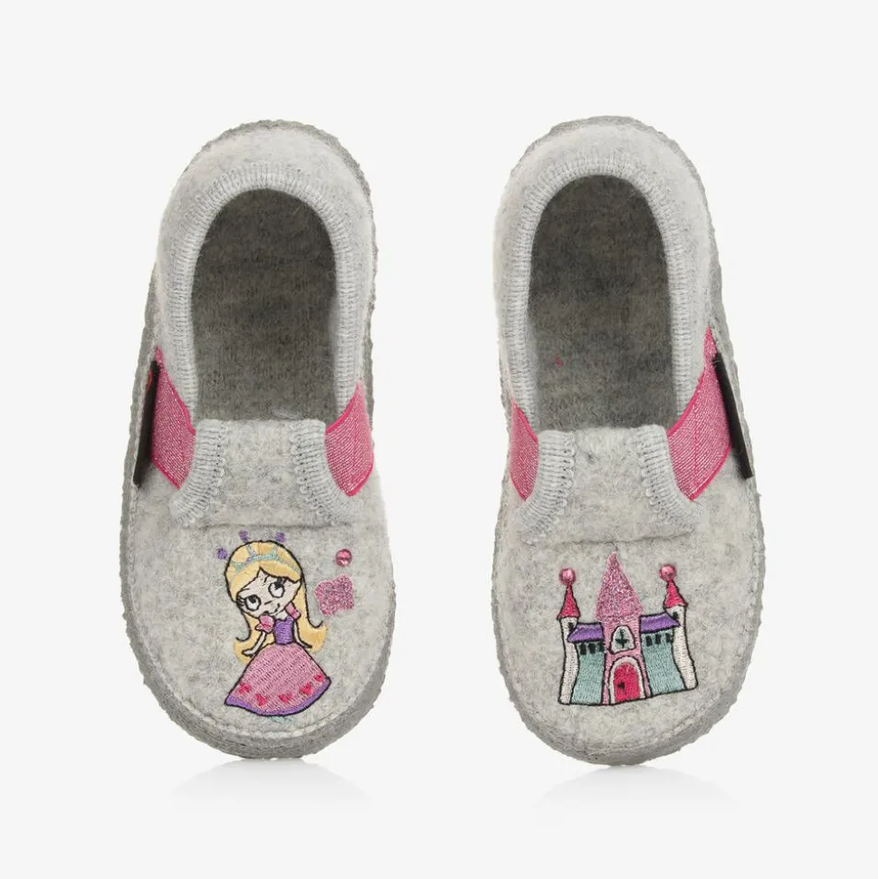 Girls Grey Wool Princess Slippers
