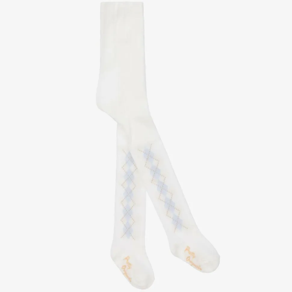 Girls Ivory & Blue Knitted Cotton Tights
