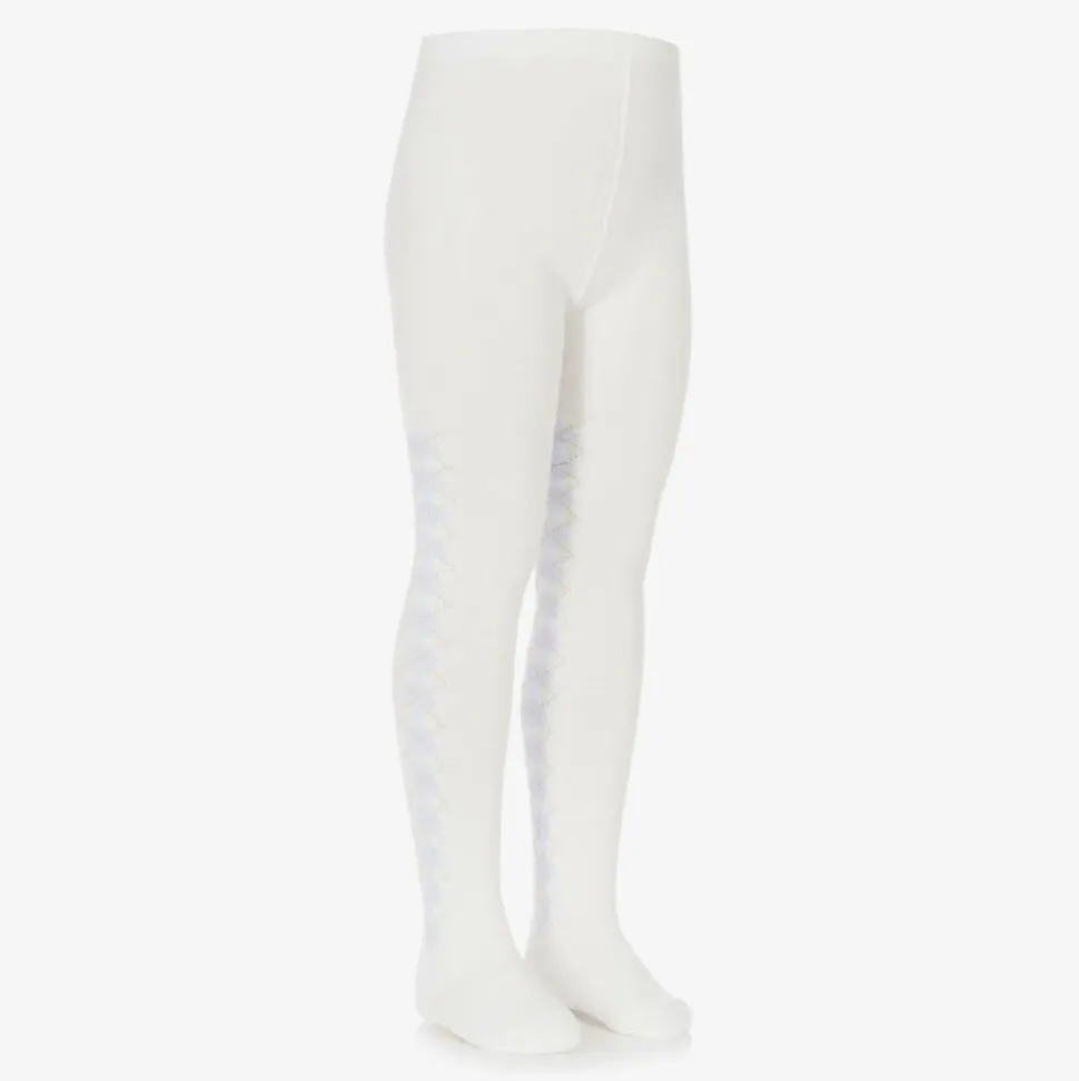Girls Ivory & Blue Knitted Cotton Tights