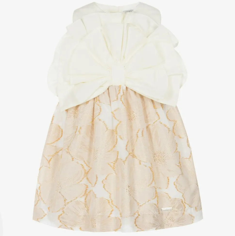 Girls Ivory & Gold Floral Jacquard Dress