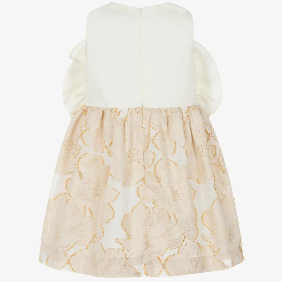 Girls Ivory & Gold Floral Jacquard Dress