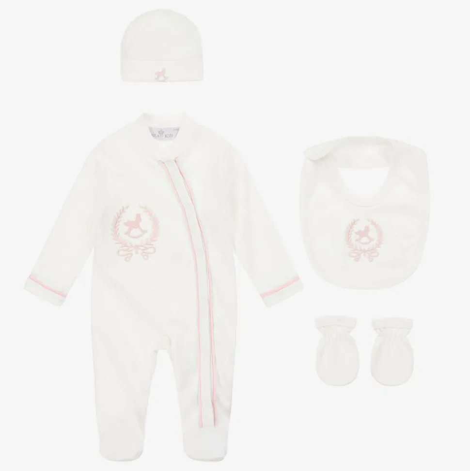 Girls Ivory & Pink Cotton Babysuit Set
