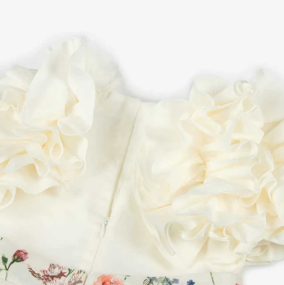 Girls Ivory Cotton & Floral Jacquard Dress
