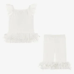 Girls Ivory Cotton & Lace Leggings Set