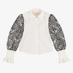 Girls Ivory Cotton & Organza Blouse