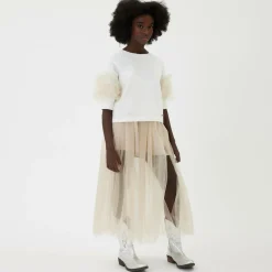 Girls Ivory Cotton & Tulle Stud T-Shirt