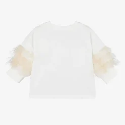 Girls Ivory Cotton & Tulle Stud T-Shirt