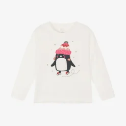Girls Ivory Cotton Festive Penguin Top
