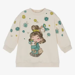 Girls Ivory Cotton Sweatshirt Dress
