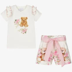 Girls Ivory Cotton Teddy Bear Shorts Set