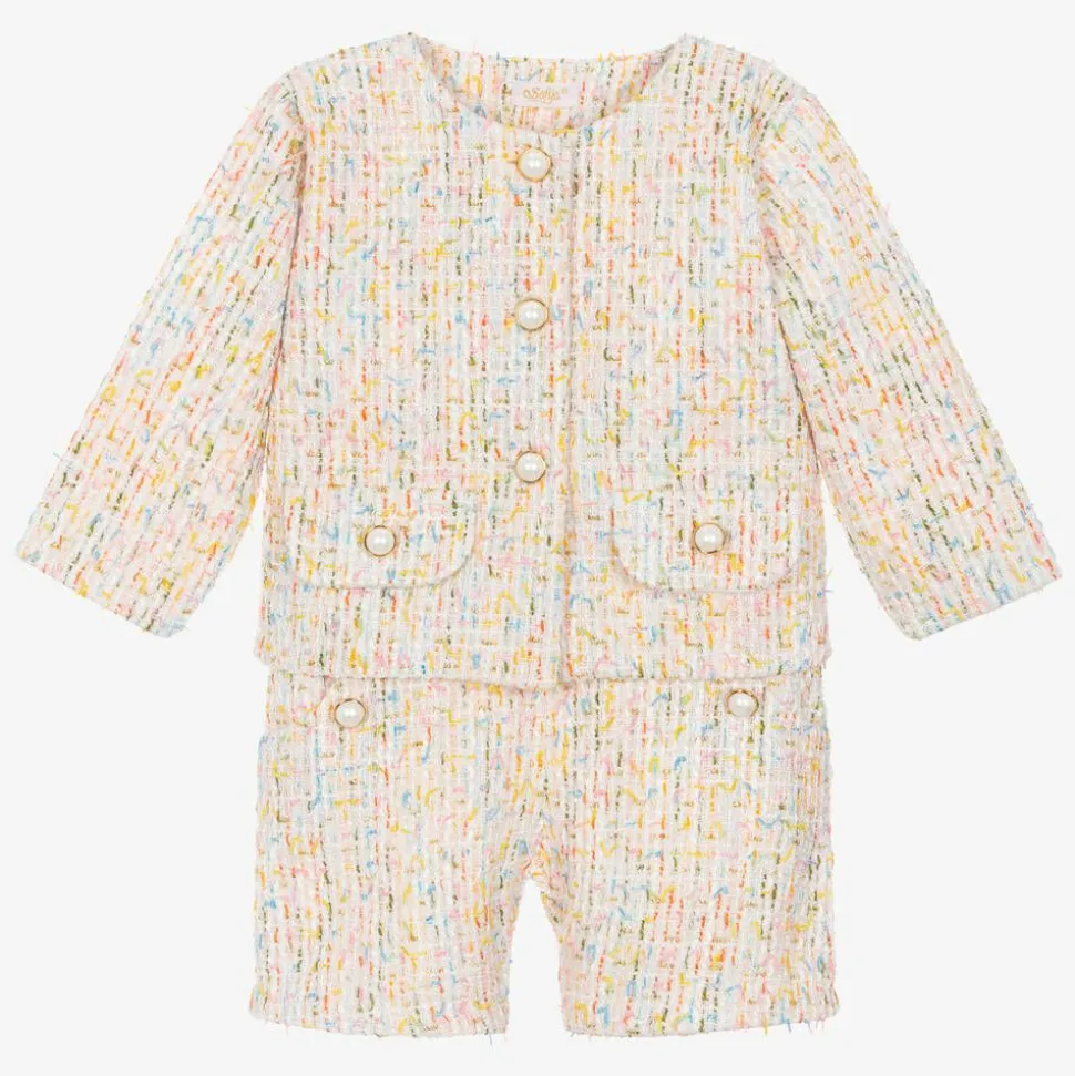 Girls Ivory Cotton Tweed Shorts Suit