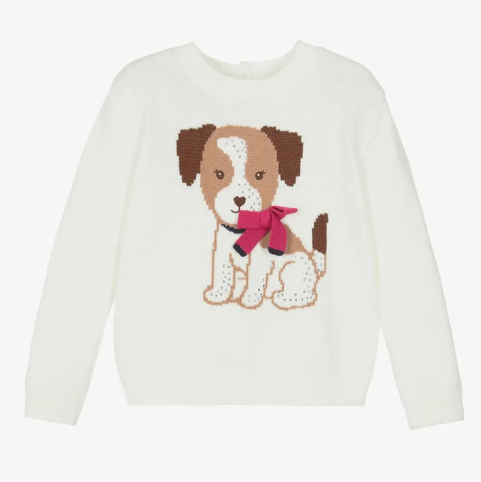 Girls Ivory Dog Knit Jumper