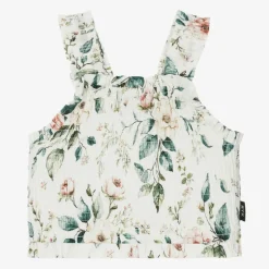 Girls Ivory Floral Cotton Shirred Top