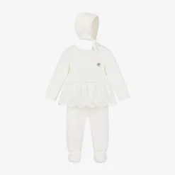 Girls Ivory Knitted Babysuit & Hat Set