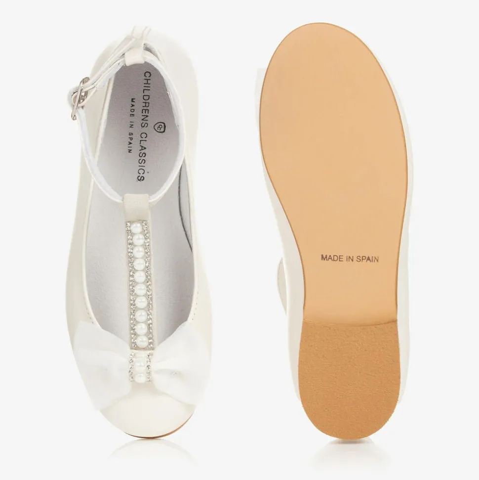 Girls Ivory Leather Ballerina Bar Shoes