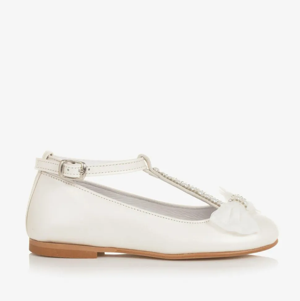 Girls Ivory Leather Ballerina Bar Shoes