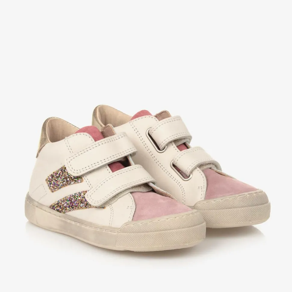 Girls Ivory Leather Glitter Stripe Trainers
