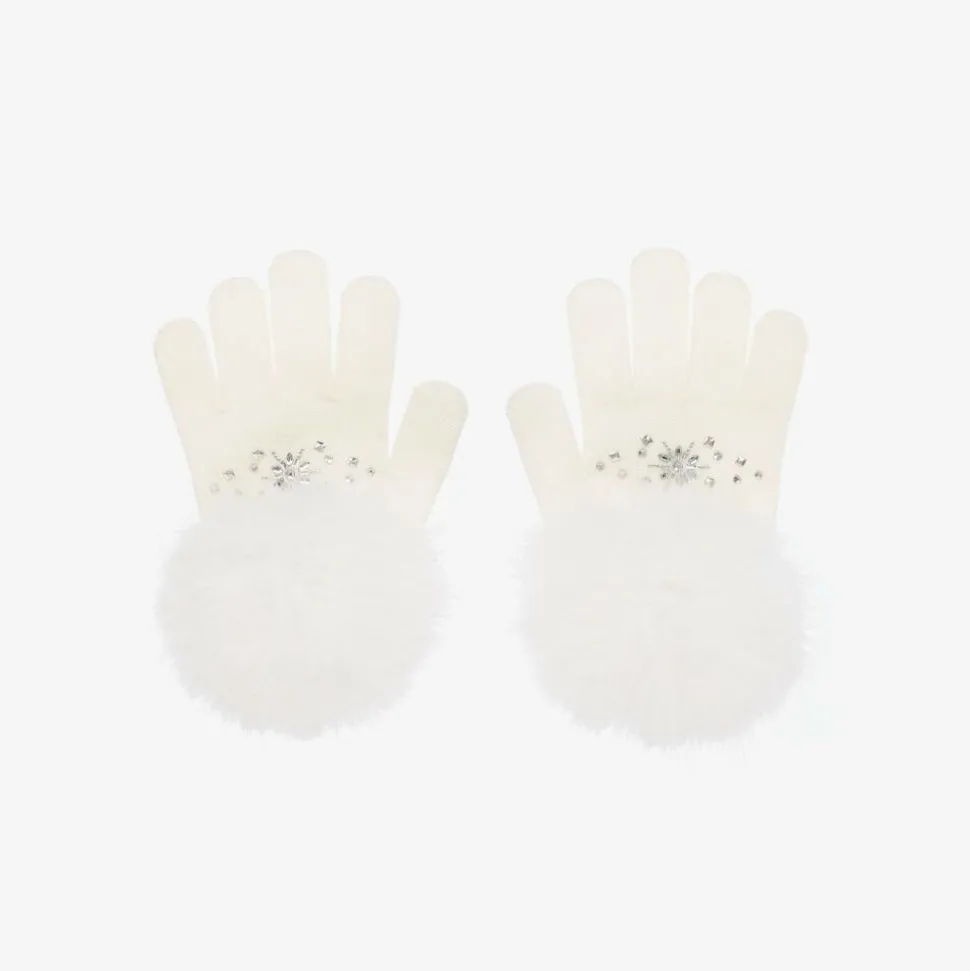 Girls Ivory Pom-Pom Knitted Gloves