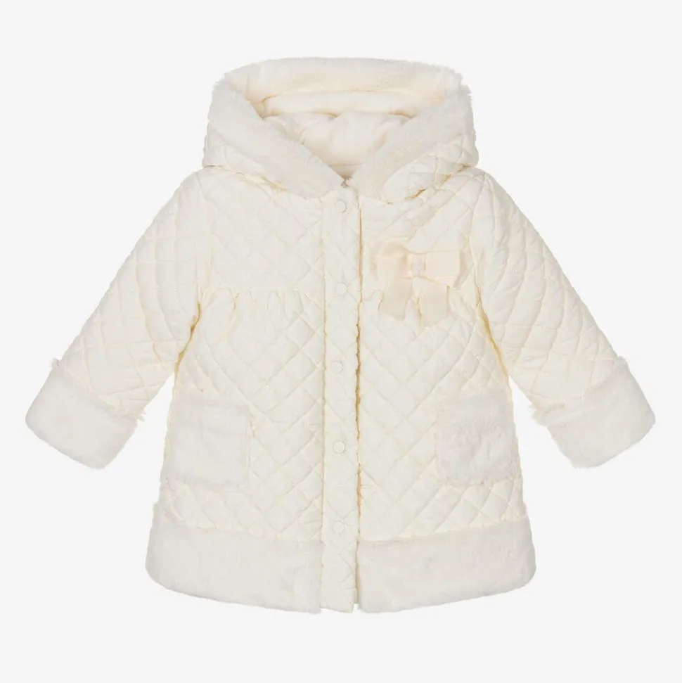 Girls Ivory Quilted Hooded Coat