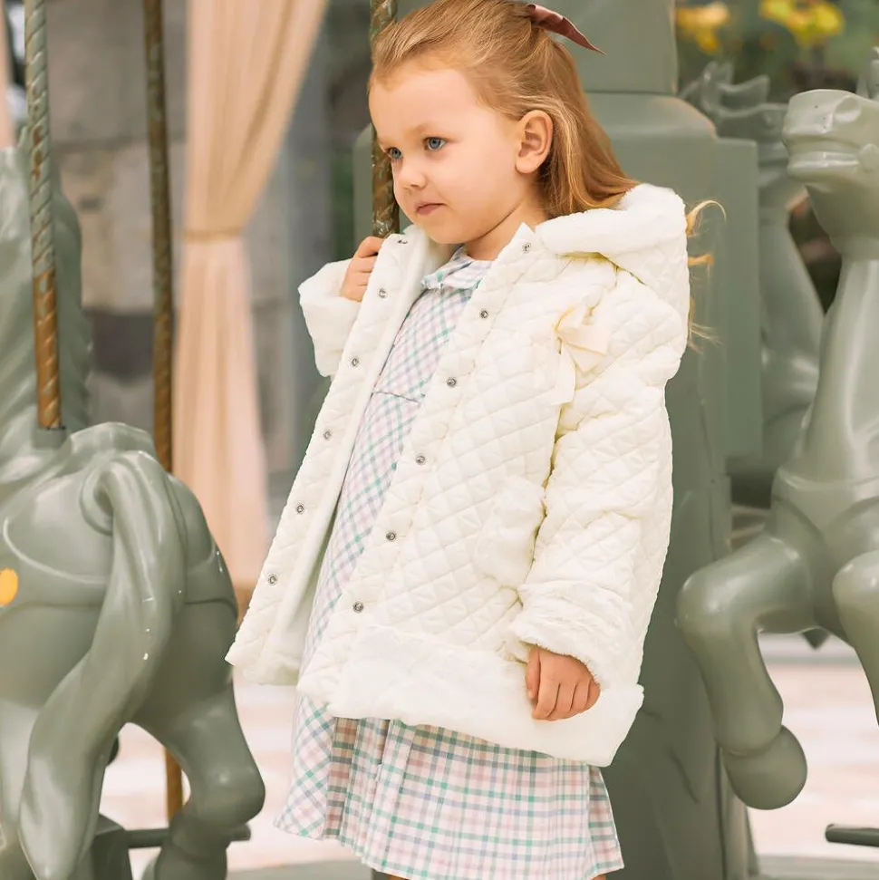 Girls Ivory Quilted Hooded Coat